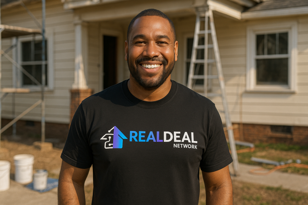 realtor in front of house being worked on