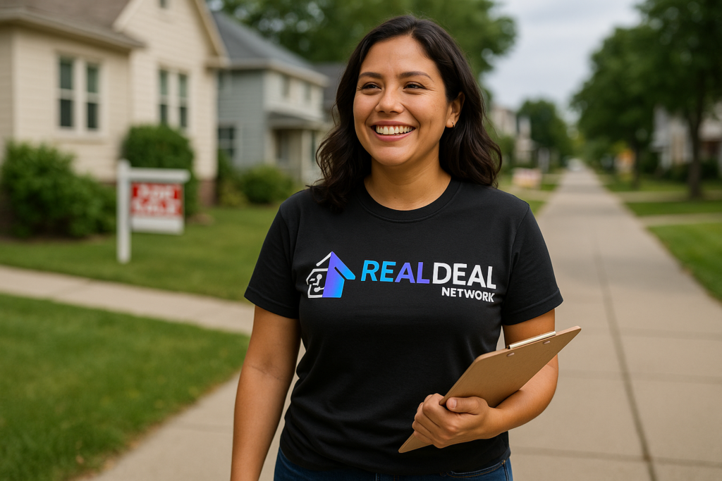 Smiling Realtor on Suburban Sidewalk